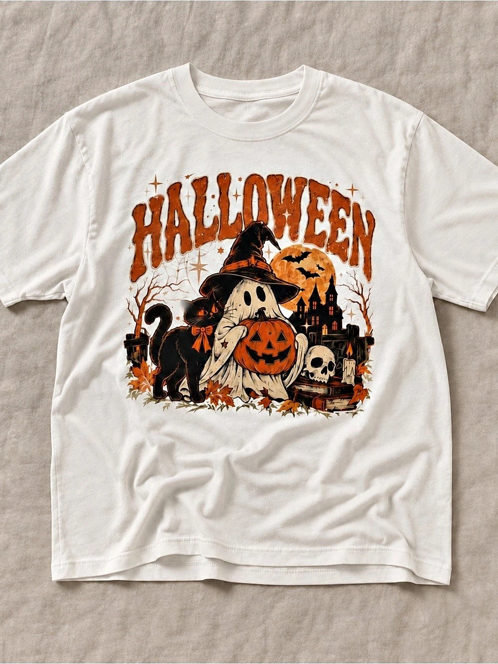 Spooky Haunted House & Black Cat Halloween Graphic Tee – White (Gildan Reprint)